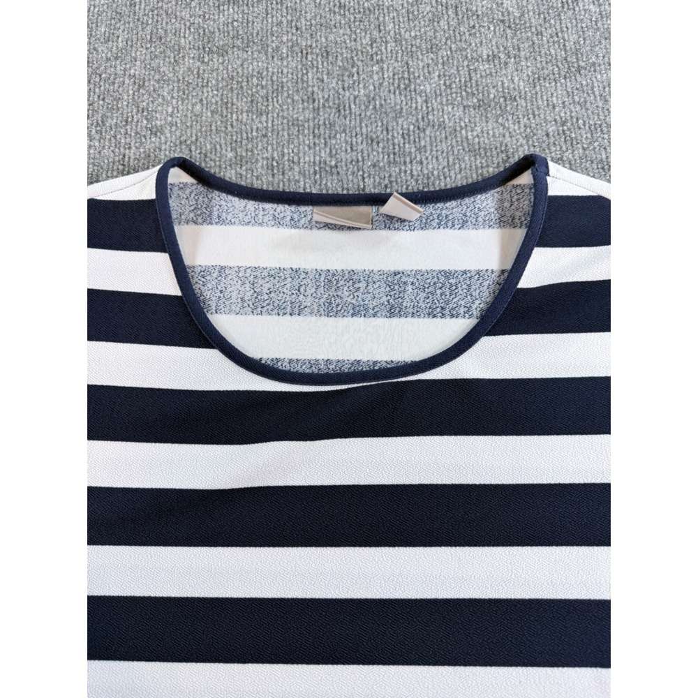 Chicos Navy Blue White Striped Short Sleeve Button Detail Top Size 2 L